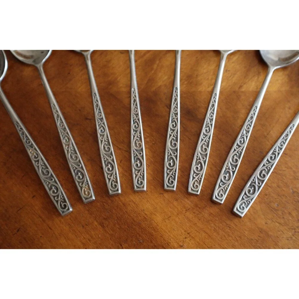 Lot 8x Imperial International IIC DAVOS Stainless Black Floral Table Spoon 7.5